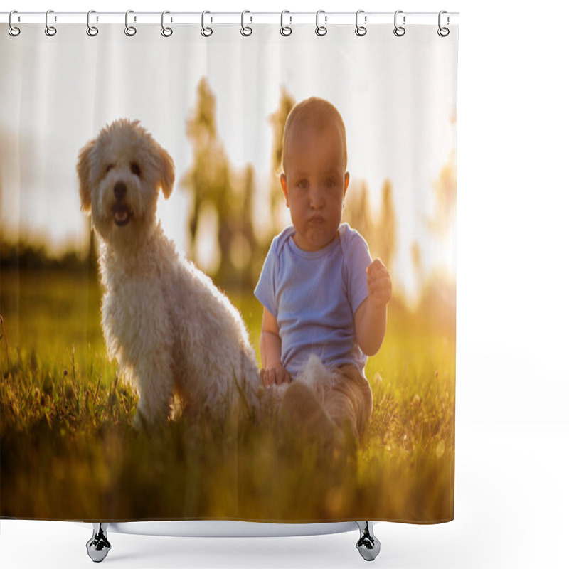 Personality  Little Boy Playing With His Dog In The Park Shower Curtains