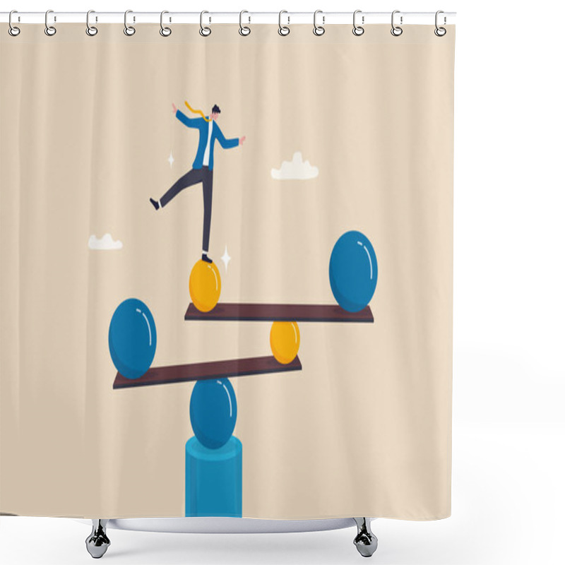 Personality  Work Life Balance, Equilibrium Or Equality, Concentration Or Stability, Challenge Or Risk Management Concept, Confidence Businessman Balance Himself On Stable Weigh Metaphor Of Life Balance. Shower Curtains