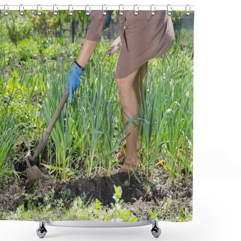 Personality  Woman Hoeing Weeds In The Veggie Patch Shower Curtains