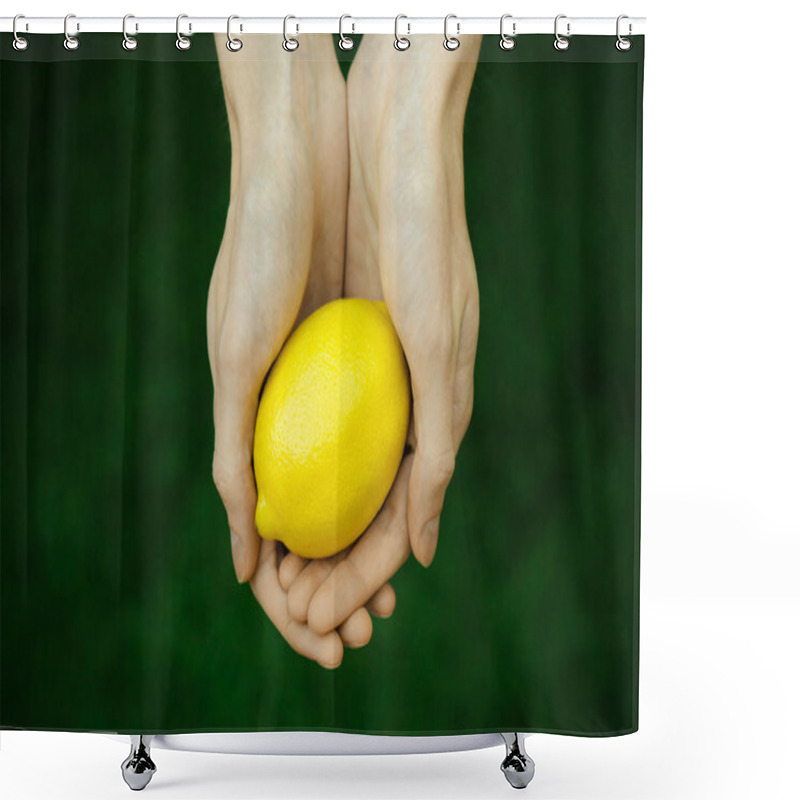 Personality  Vegetarians And Fresh Fruit And Vegetables On The Nature Of The Theme: Human Hand Holding A Lemon On A Background Of Green Grass Top View Shower Curtains