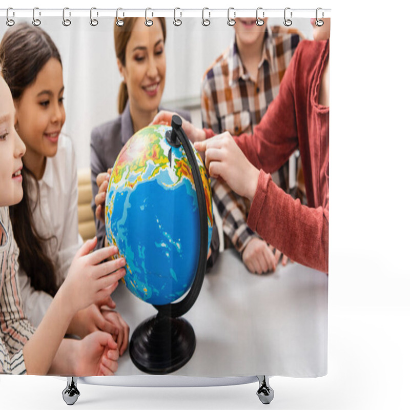 Personality  Cropped View Of Pupils And Teacher Looking At Globe While Studying Geography In Classroom Shower Curtains