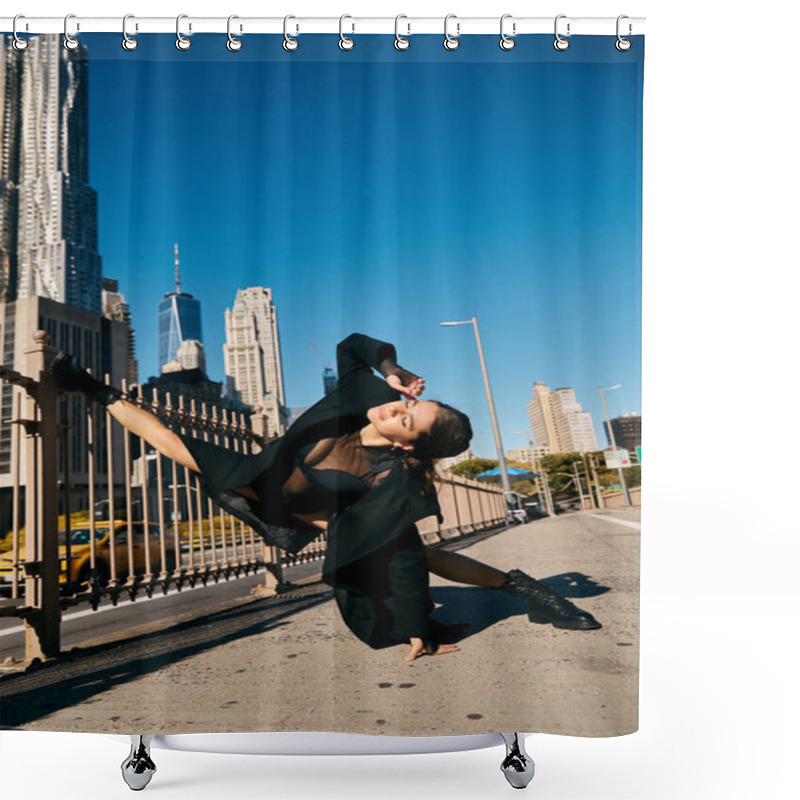 Personality  Young Woman Dances In NYC, Showcasing Artistry In Urban Landscape. Shower Curtains