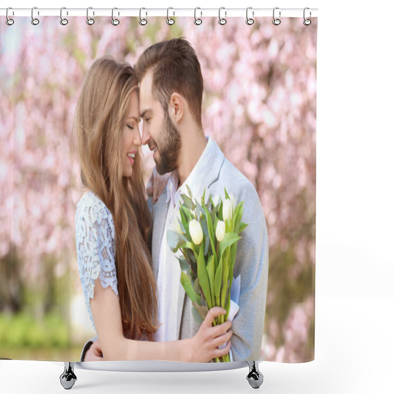 Personality  Young Couple Walking In Park Shower Curtains