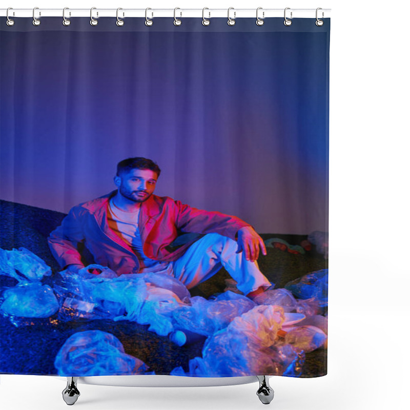 Personality  A Man Sits Amidst A Sea Of Plastic, Bathed In Blue And Red Light. Shower Curtains