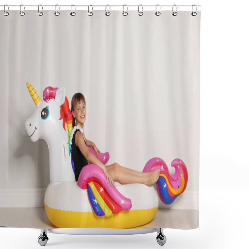 Personality  Cute Little Girl On Bright Inflatable Ring Near Light Wall Shower Curtains