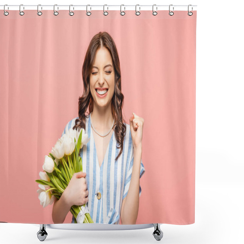 Personality  Excited Girl Showing Yeah Gesture While Holding Bouquet Of White Tulips Isolated On Pink Shower Curtains