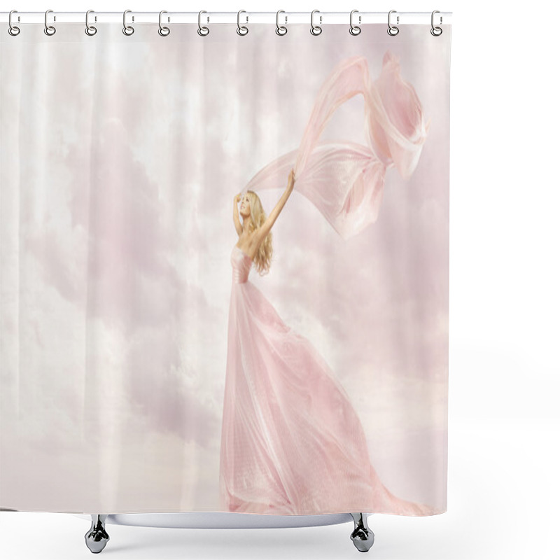 Personality  Happy Woman In Pink Long Dress, Girl Flying Silk Scarf Cloth Over Sky Shower Curtains