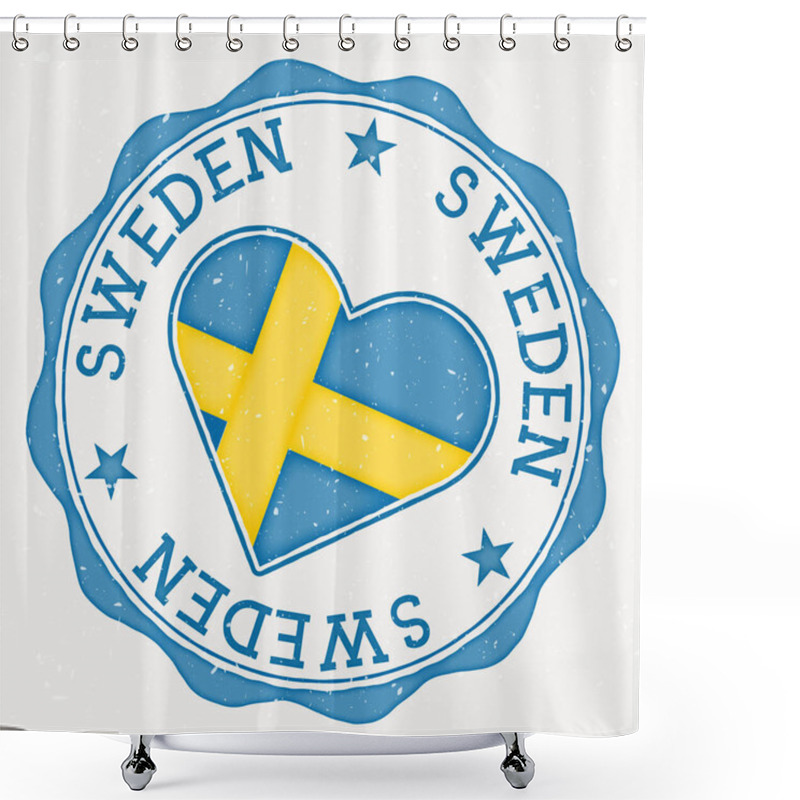 Personality  Sweden Heart Flag Logo. Country Name Text Around Sweden Flag In A Shape Of Heart. Amazing Vector Illustration. Shower Curtains