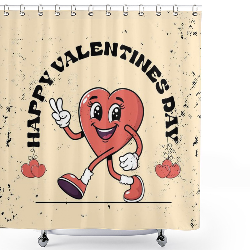 Personality  Vintage Retro Cartoon Wind-up Walking Smiling Heart Mascot With Rainbow. Trendy Retro Romantic Mascot. Funny 70's Comic Style. Retro Vintage Valentine's Day Banner. Happy Valentine's Day. Shower Curtains