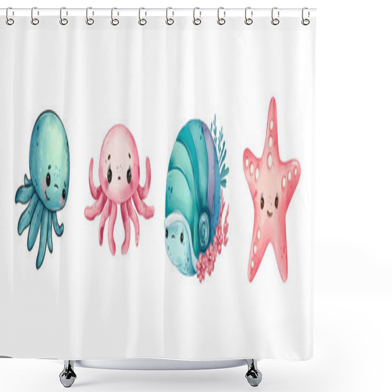 Personality  Colorful Illustrations Depict Four Adorable Sea Creatures: A Smiling Octopus, A Cute Jellyfish, A Happy Snail, And A Cheerful Starfish, All Designed With Vibrant Colors And Charming Expressions. Shower Curtains