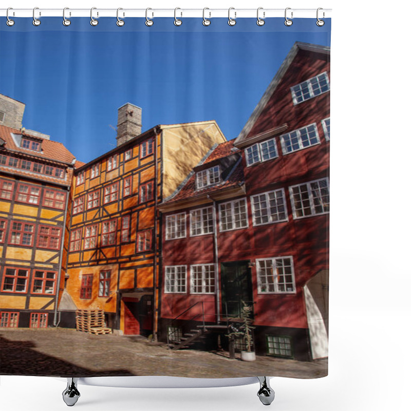 Personality  Beautiful Houses Against Blue Sky And Cozy Empty Yard In Copenhagen, Denmark Shower Curtains