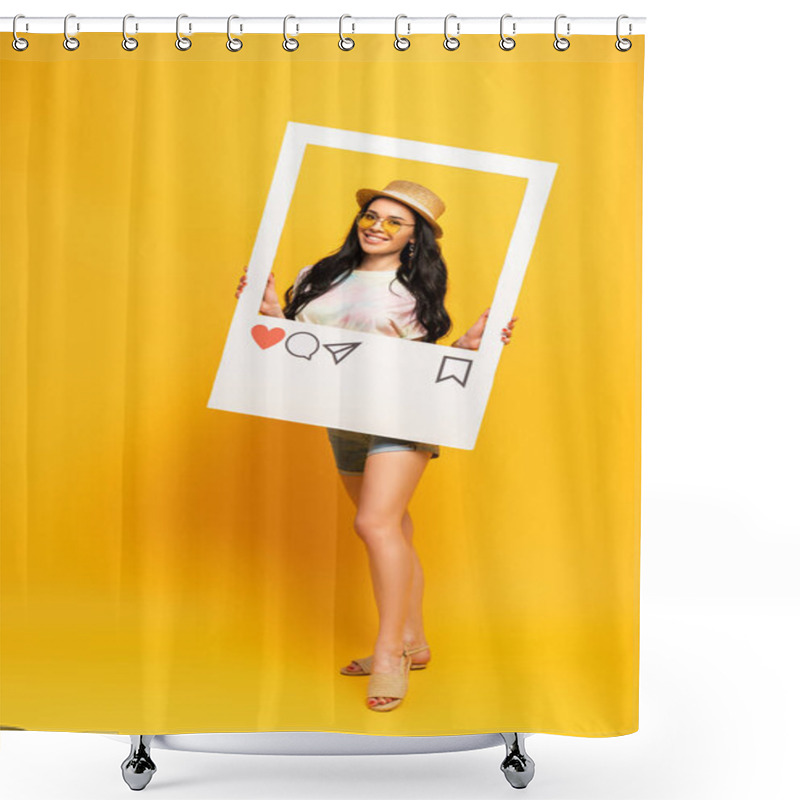 Personality  Smiling Brunette Girl In Summer Outfit Posing In Social Network Frame On Yellow Background Shower Curtains