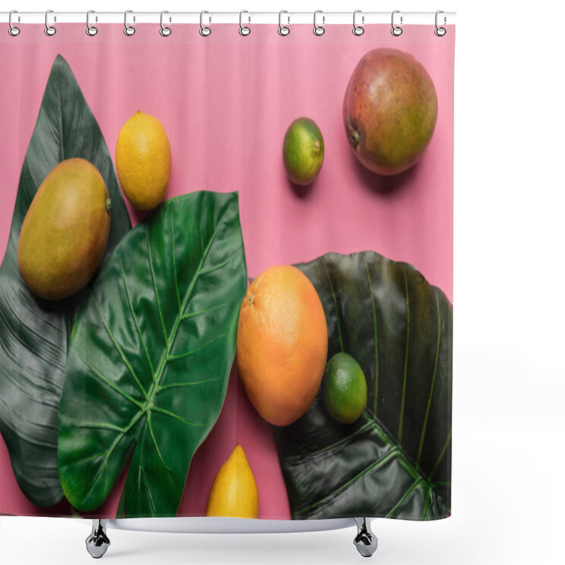 Personality  Top View Of Whole Ripe Tropical Citrus Fruits And Mango With Green Leaves On Pink Background Shower Curtains