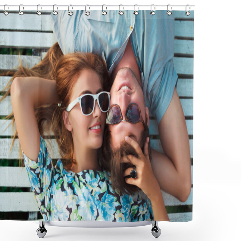 Personality  Portrait Of Young Perfect Couple Lay Shower Curtains