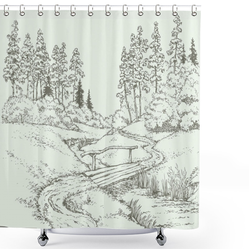 Personality  Vector Landscape. Wooden Bridge Over The Forest Creek Shower Curtains