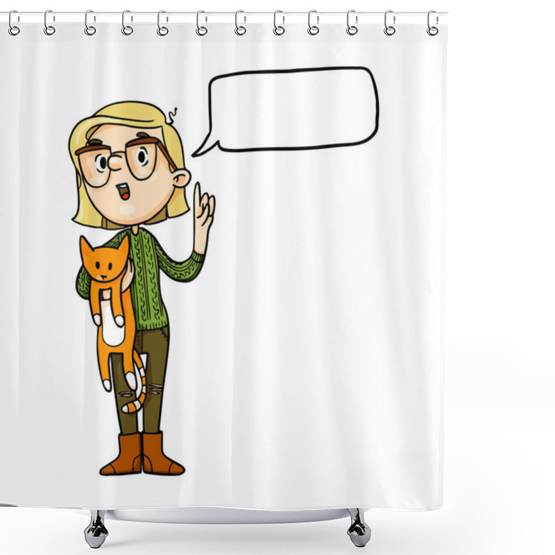 Personality  Cute Talking Cartoon Girl With Ginger Cat. Speech Bubble Blank. Vector Isolated Hand Drawn Character Shower Curtains