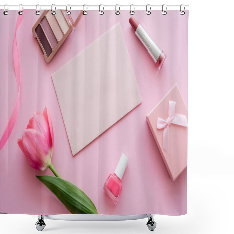 Personality  Top View Of Tulip Near Decorative Cosmetics, Envelope And Gift Box On Pink Shower Curtains