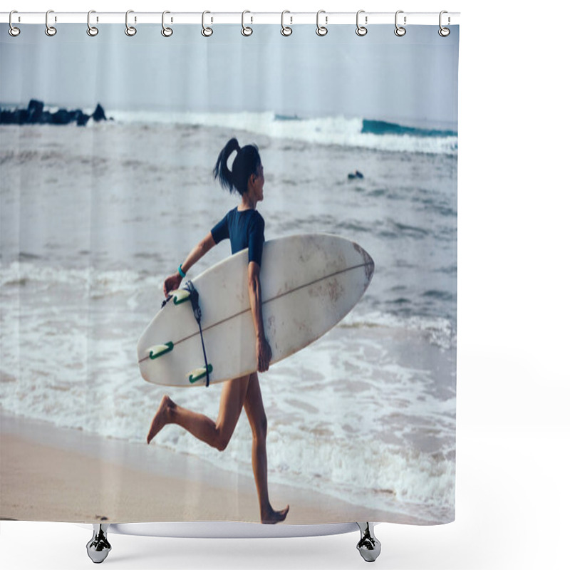 Personality  Surfer Woman With Surfboard On Sandy Beach  Shower Curtains