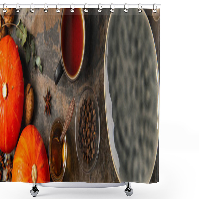 Personality  Colorful Thanksgiving Still Life With Orange Pumpkins Near Ceramic Plate And Tea With Honey, Banner Shower Curtains