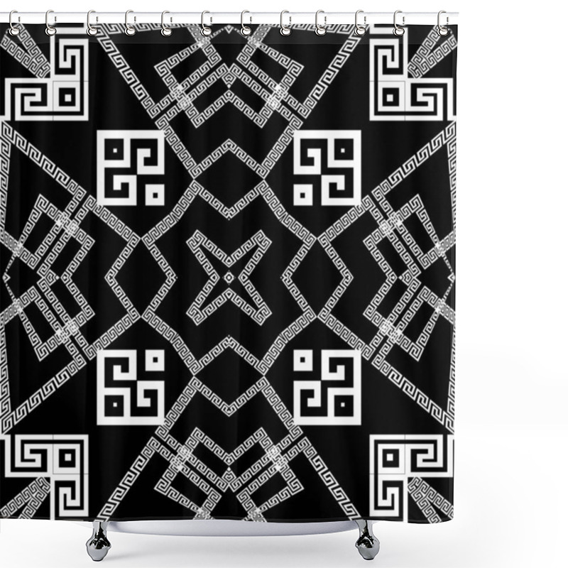 Personality  Black And White Greek Geometric Seamless Pattern. Ethnic Tribal Style Ornamental Abstract Background. Geometry Repeat Backdrop. Greek Key Meanders Ornaments With Geometrical Shapes. Modern Design Shower Curtains