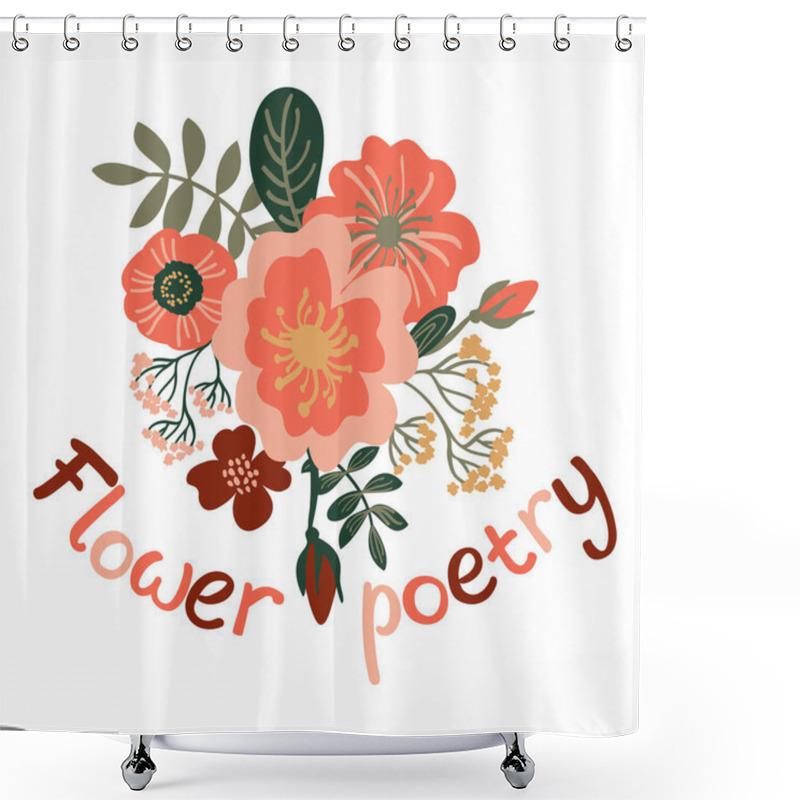 Personality  Hand Drawn Stylized Minimalistic Branches With Green Leaves And Pink And Maroon Flowers On A White Background. Flat Cartoon Vector Illustration. Botanical Elements With Lettering Flower Poetry. Shower Curtains