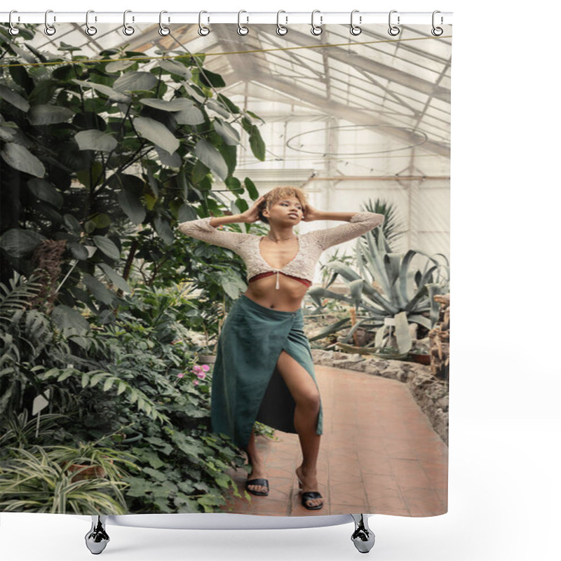 Personality  Full Length Of Trendy Young African American Woman In Summer Knitted Top And Skirt Standing And Posing Near Green Foliage In Greenhouse, Stylish Woman With Tropical Backdrop Shower Curtains