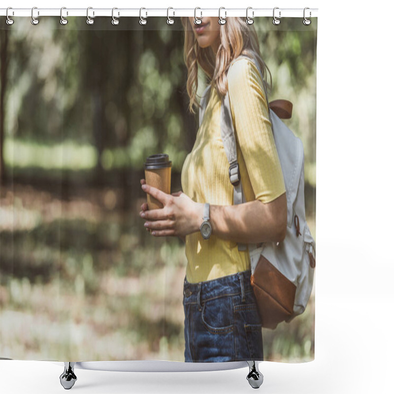 Personality  Cropped Shot Of Woman With Coffee To Go In Park Shower Curtains