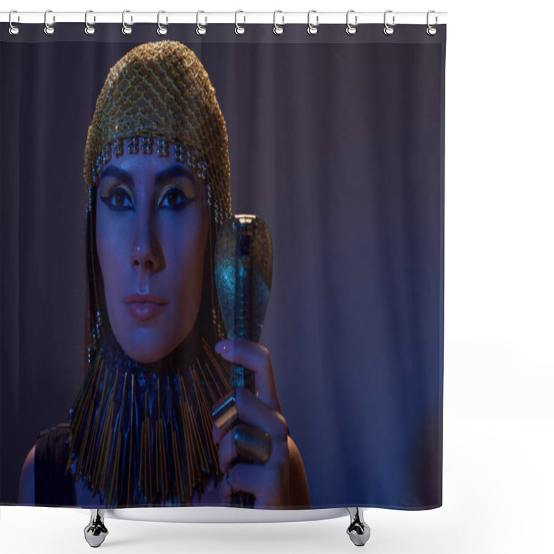 Personality  Woman In Egyptian Headdress And Makeup Holding Crook In Snake Shape On Blue Light On Brown Shower Curtains