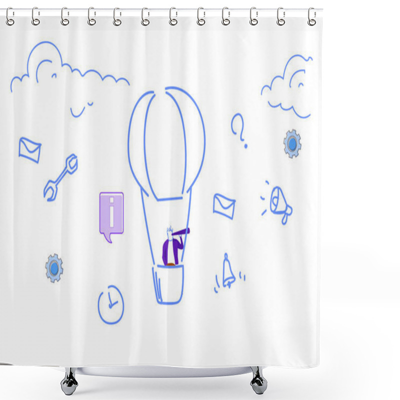 Personality  Businessman Flying Air Balloon Looking Binoculars Business Vision Concept Social Media Icons New Successful Project Sketch Doodle Horizontal Shower Curtains