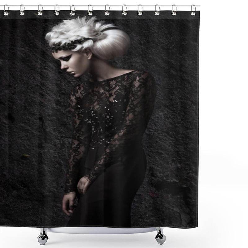 Personality  Beautiful Girl In Gloomy Image With White Wig, Unusual Hairstyle, Black Dress And Dark Makeup. Art Beauty, Fashion Model. Shower Curtains