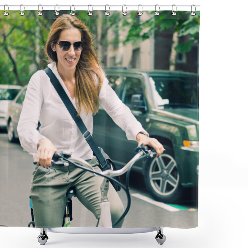 Personality  Young Woman Using E-bike Shower Curtains