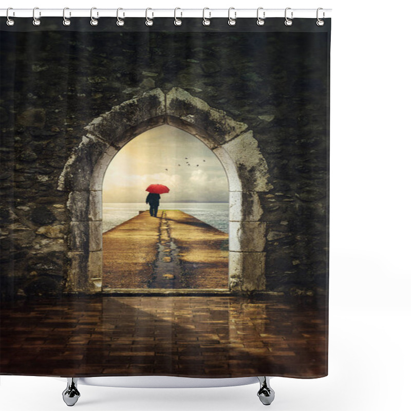 Personality  Man With Red Umbrella On Pier Shower Curtains