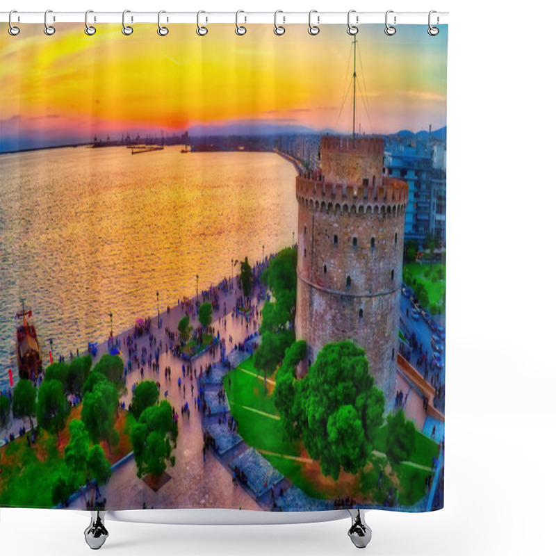 Personality  Aerial View Of Famous White Tower Of Thessaloniki At Sunset, Greece. Image Taken With Action Drone Camera. HDR Image. . Dreams Filtered Image Shower Curtains