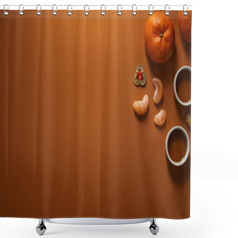 Personality  Top View Of Fresh Ripe Tangerines, Cups Of Tea And Golden Coins On Brown Background, Chinese New Year Composition  Shower Curtains