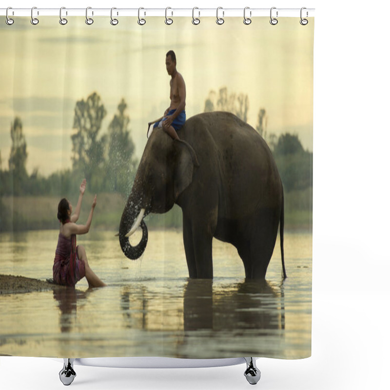 Personality  Elephant Mahout Women And Men Are Taking A Bath In The River Dur Shower Curtains