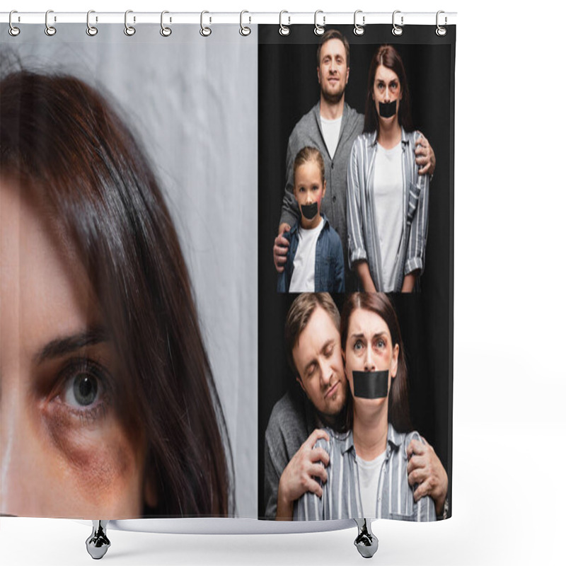 Personality  Collage Of Abuser Embracing Wife And Daughter With Bruises And Adhesive Tapes  Shower Curtains