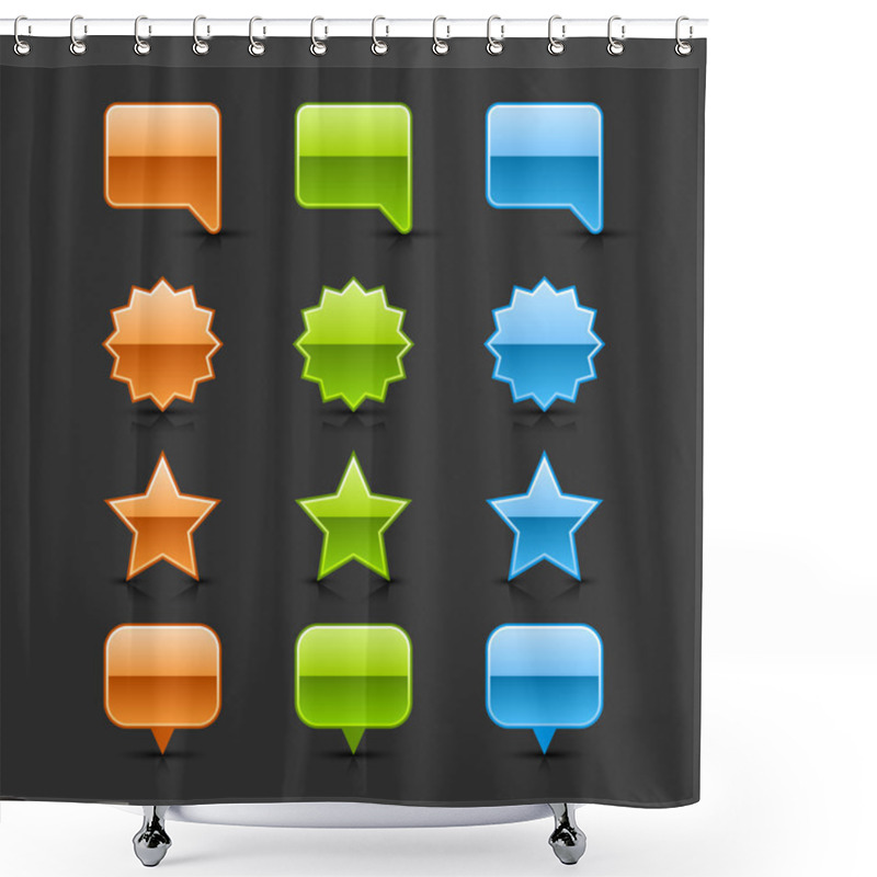 Personality  Colored Glossy Web 2.0 Button Speech Bubble, Round Label, Star And Map Pin Icons With Black Shadow And Dark Reflection On Gray Background Shower Curtains