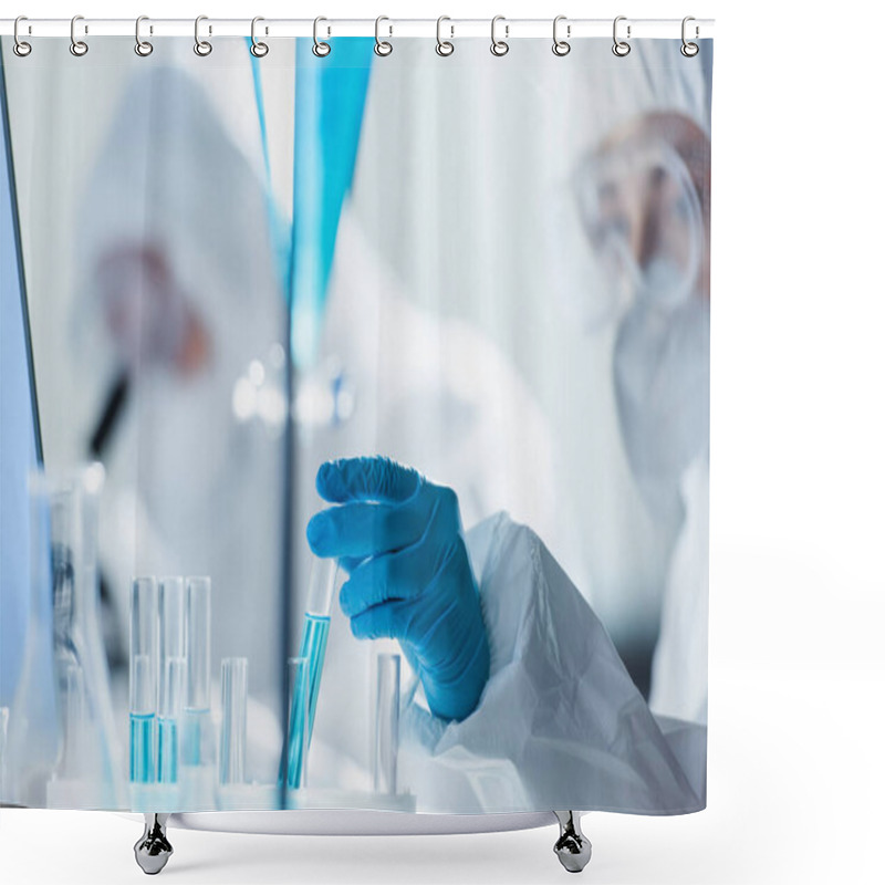 Personality  Blurred Bioengineer In Latex Glove Working With Test Tubes In Laboratory Shower Curtains