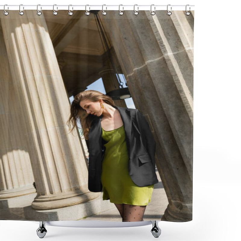 Personality  Elegant Fair Haired Woman In Green Silk Dress And Black Jacket Standing In Berlin Shower Curtains