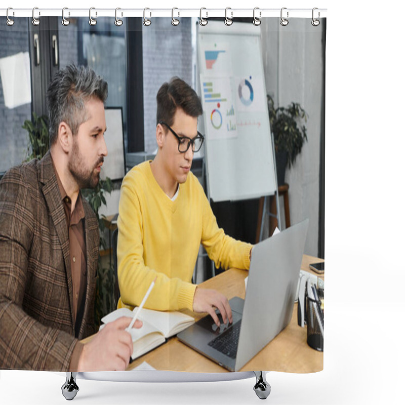 Personality  Two Colleagues Work Together On The First Day Of A New Job In A Contemporary Office Space. Shower Curtains