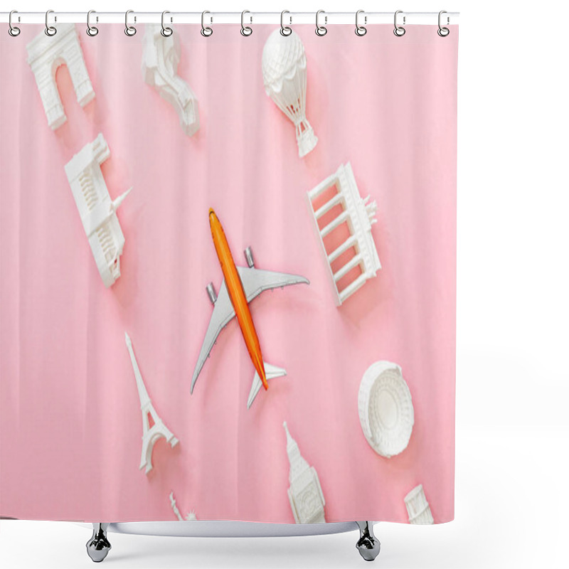 Personality  Top View Of Figurines From Countries Near Toy Plane On Pink  Shower Curtains