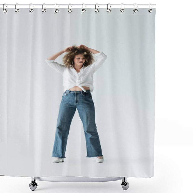 Personality  Smiling Woman In Blouse Touching Curly Hair On White Background  Shower Curtains