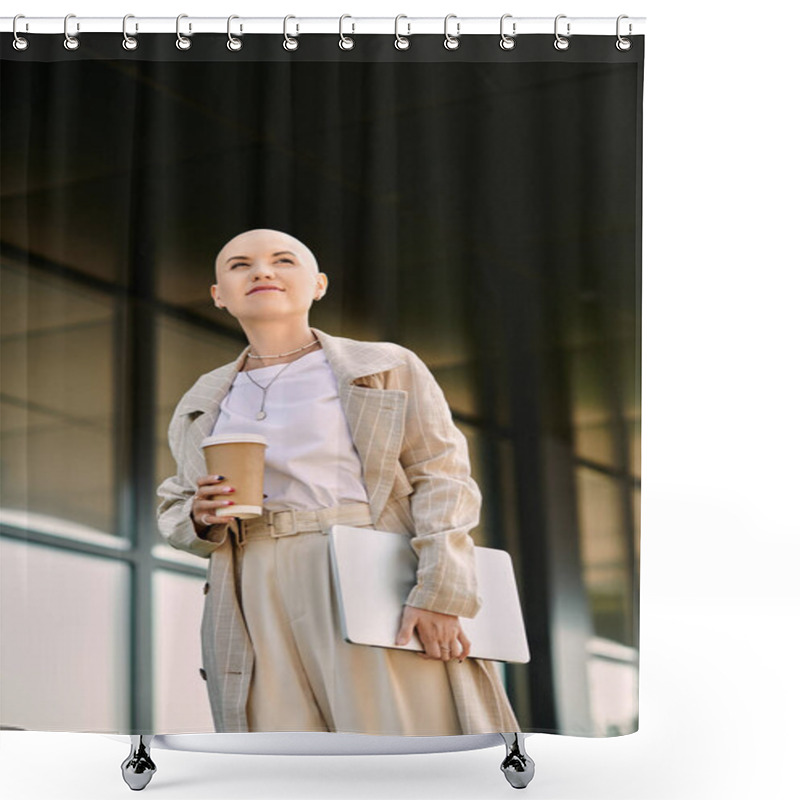 Personality  A Confident Young Bald Woman In Chic Clothing Holds A Coffee And Laptop While Gazing Thoughtfully. Shower Curtains