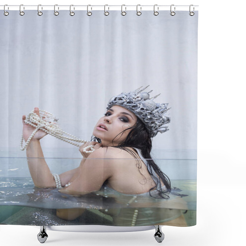 Personality  A Young Woman Dressed As A Mermaid With A Seashell Crown Sits In A Water Tank, Holding A Pearl Necklace. Shower Curtains