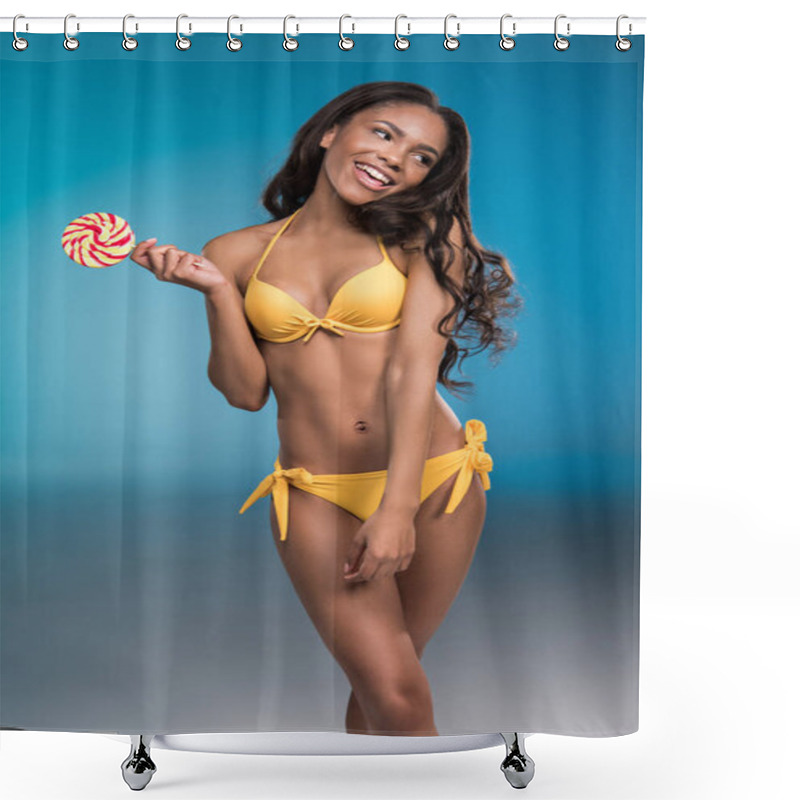 Personality  Smiling Girl In Swimsuit Holding Lollipop Shower Curtains