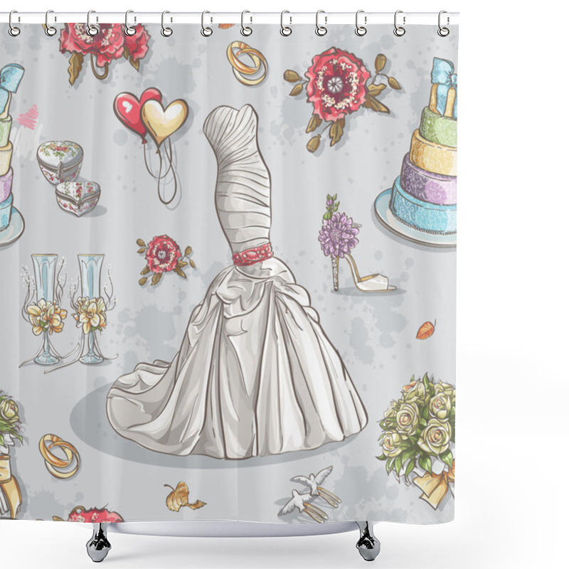 Personality  Seamless Texture With The Image Of Wedding Dresses, Glasses, Rings, Cake And Other Items. Shower Curtains