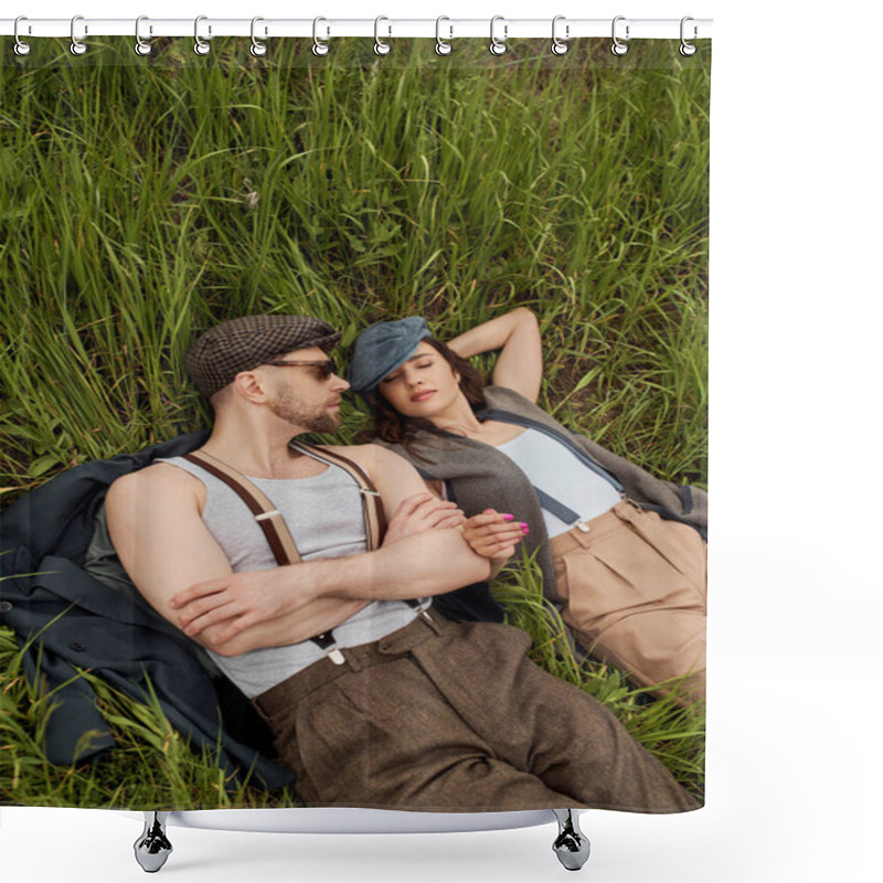 Personality  Top View Of Bearded Man In Sunglasses And Suspenders Lying On Jacket Near Stylish Girlfriend In Vintage Outfit While Relaxing On Grassy Field, Fashionable Couple Surrounded By Nature Shower Curtains