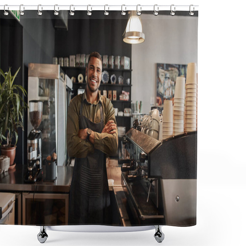 Personality  Portrait Of A Smiling Confident Young Waiter Standing At The Cafe Counter Shower Curtains