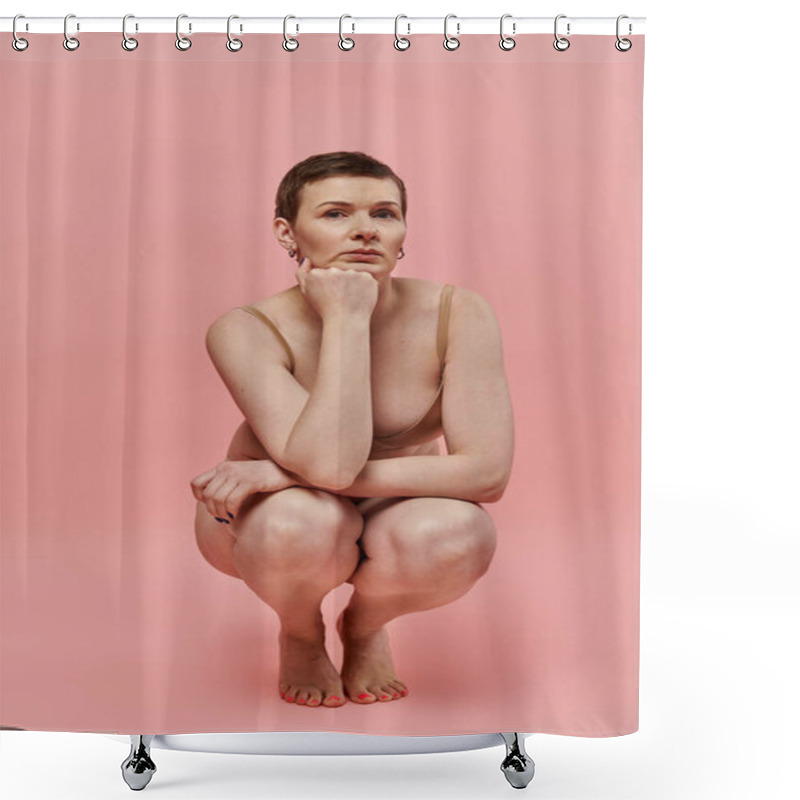 Personality  A Woman With Short Hair, Wearing A Bra, Sits In A Squat Position Against A Pink Background. Shower Curtains