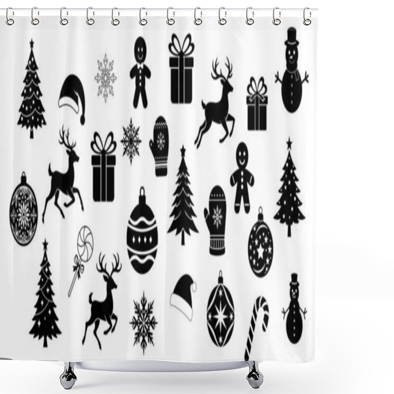 Personality  Big Set Of Winter Silhouette Black, Outline. Christmas Tree, Reindeer, Ornaments, Gingerbread, Snowflake On White Background. Isolated Shower Curtains